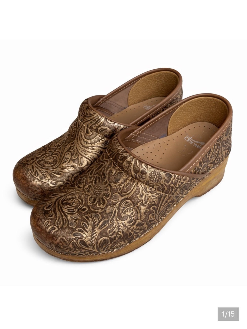 Dansko Professional Tooled Clog Size 38 EU / 8 US Leather Slip On Floral Gold